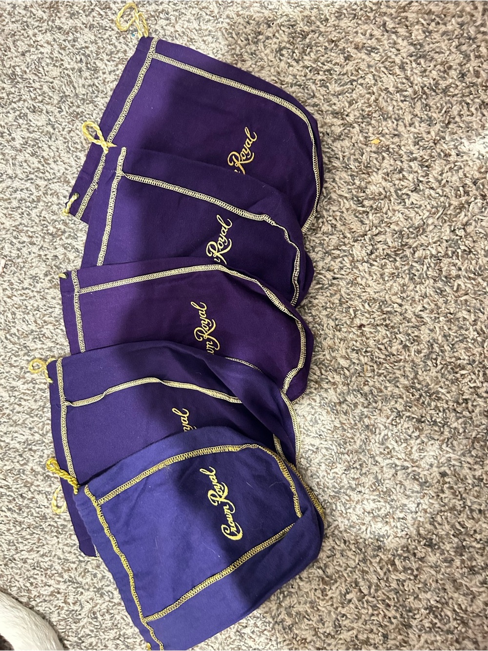 5 Purple Crown Royal Drawstring Pouches with Gold Trim - Set